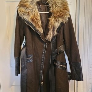 Via Spiga Women's Brown Wool With Faux Fur Trim Coat